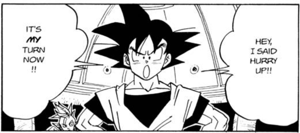 Dragon Ball manga panel of Goku demanding Bobbidi hurry up